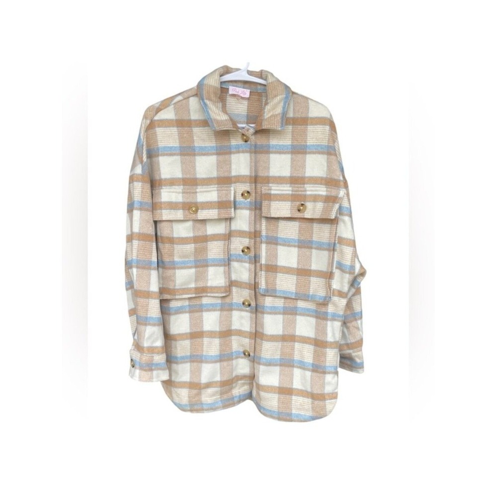 Pink Lily Shacket Womens Small Tan Blue Plaid Oversized Wool Blend Jacket EUC